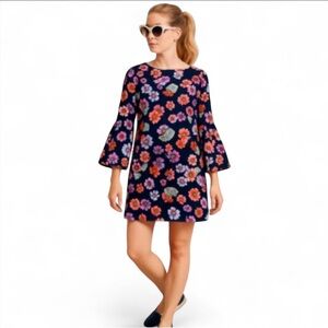 Nicole Miller Floral Print Mini Dress Long Bell Sleeves Navy Pink Purple Petite